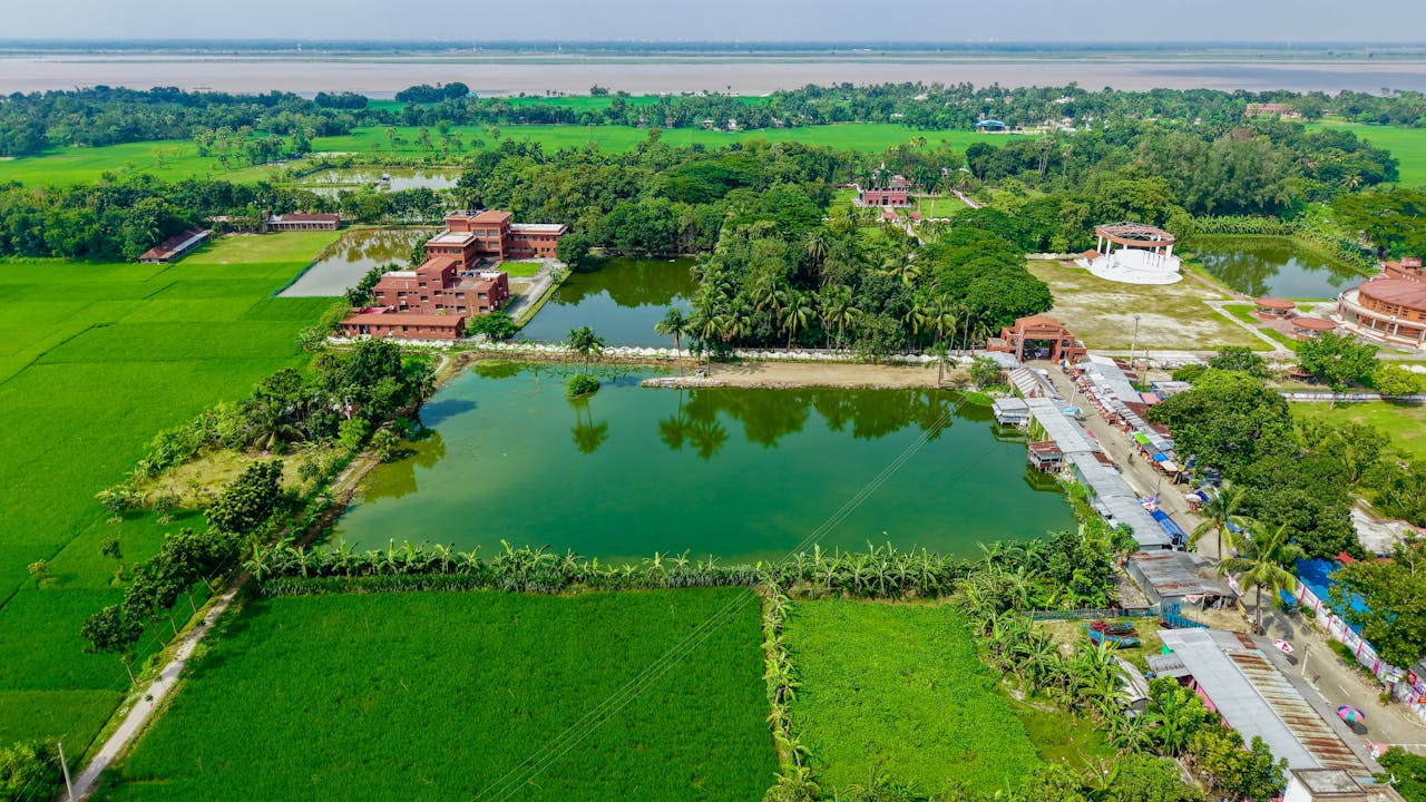 Aerial photo of a lush Indian village surrounded by rice fields, ponds, and greenery.